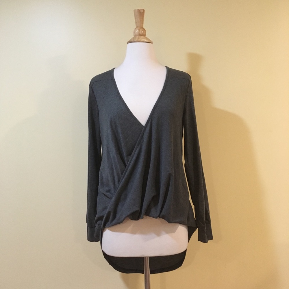Surplice Faux Wrap High Low French Tuck Top Grey - Picture 6 of 8